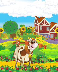 cartoon scene with cow having fun on the farm on white background - illustration for children