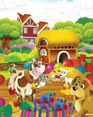 cartoon scene with cow having fun on the farm on white background - illustration for children