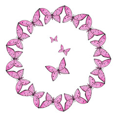 A wreath of pink butterflies on a white background. Realistic flying insects. Iridescent wings. Stock vector illustration.