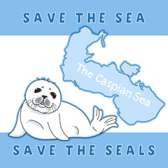 cute fur seal, save the seals slogan, baby nerpa on caspian sea background, animal extinction problem, Red List, editable vector illustration for banner, poster