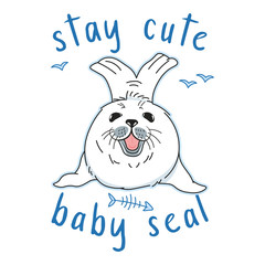 cute kawaii fur seal, stay cute slogan, isolated baby nerpa on white background with doodle elements, animal extinction problem, Red List, editable vector illustration for print, poster, card, banner