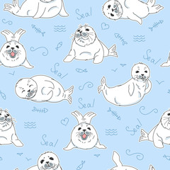 cartoon drawing kawaii fur seals, baby nerpas seamless pattern, on blue background with doodle elements, cute wild red list animals, editable vector illustration for kids fabric, textile, paper, decor