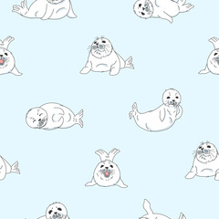 cartoon drawing kawaii fur seals, baby nerpas seamless pattern, on blue background, cute wild animals, editable vector illustration for kids fabric, textile, paper, decoration