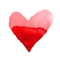 Red Watercolor heart isolated on white. For holiday, postcard, poster, banner, birthday and children's illustration. Transparent texture. Valentine's day.
