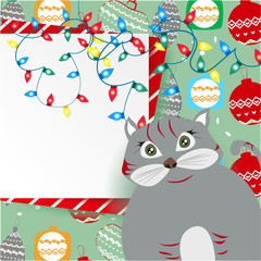 Christmas banner with cute, funny cartoon cat, Christmas lights, Greeting Card, Christmas balls on a blue background design