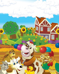 cartoon scene with happy and cheerful cow on farm ranch illustration for children