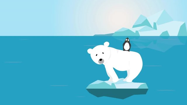 Polar Bear and Penguin with worried face on small melting ice in empty ocean illustration vector graphic - Global warming crisis Climate change problem concept - Footage clip