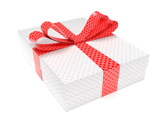 Gift box decorated with shiny red ribbon. 3d rendering illustration