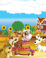 Obraz na płótnie Canvas cartoon scene with happy and cheerful cow on farm ranch illustration for children