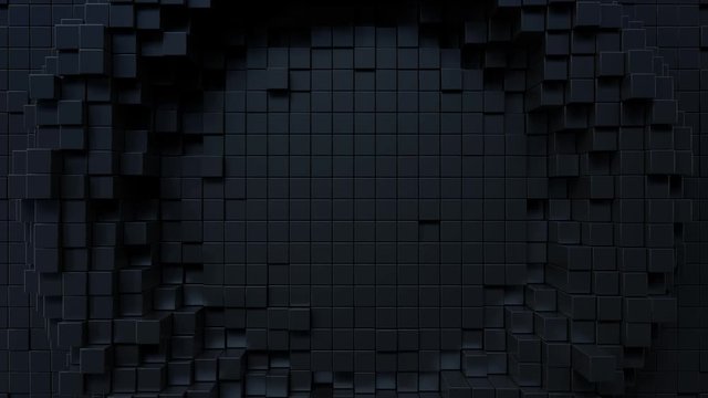 Abstract background with black moving cubic surface. Geometric concept with radial ripples. Motion design pattern. 3d loop animation with box particles. Seamless technology composition. 4K UHD