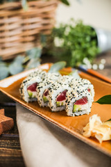 sushi with salmon and avocado. Sushi roll with salmon and tempura shrimp