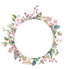 Hand drawn watercolor wreath with picturesque herbs, leaves and bloomy bindweed isolated on a white...