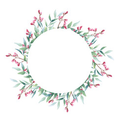 Hand drawn watercolor wreath with picturesque herbs and branches with  leaves isolated on a white background. Ideal for creating  invitations, greeting cards. Floral illustration.Botanic composition
