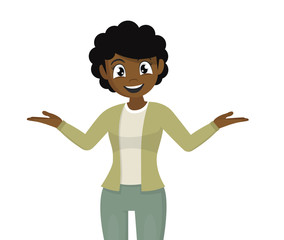 African girl pointing hand to introduce something.