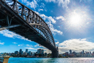 Sydney harbour bridge, View from the bottom of under construction harbour bridge with city skyline,...
