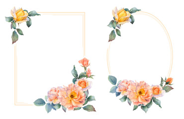Set of square and oval frames with yellow and tea roses, buds and leaves hand drawn in watercolor isolated on a white background. Floral botanical illustration for wedding invitations, greeting cards
