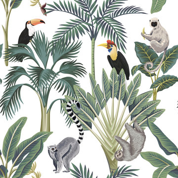 Tropical vintage wild animals, toucan, palm trees, banana tree floral seamless pattern white background. Exotic botanical jungle wallpaper.