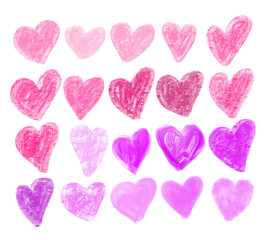 Fototapeta na wymiar Collection of simple pink and purple hearts, hand drawn isolated on a white background