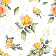 Picturesque seamless pattern with rose arrangements, gold leaves and rosebuds hand drawn in watercolor isolated on a white background. Watercolor floral background. Ideal for wallpaper or fabric.