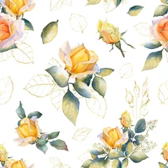Wall murals Roses Picturesque seamless pattern with rose arrangements, gold leaves and rosebuds hand drawn in watercolor isolated on a white background. Watercolor floral background. Ideal for wallpaper or fabric.