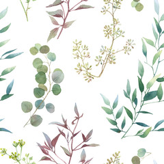 Picturesque seamless pattern with green leafed branches and herbs hand drawn in watercolor isolated on a white background. Watercolor floral background. Ideal for wallpaper or fabric.