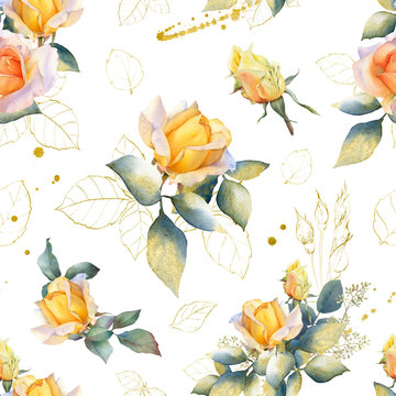 Picturesque seamless pattern with yellow roses, green and gold leaves and splashes hand drawn in watercolor isolated on a white background. Watercolor floral background. Ideal for wallpaper or fabric. © Tatiana