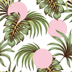 Tapeten Tropische grüne Palmblätter und Monstera verlässt nahtloses Muster rosa runden Hintergrund. Exotische Dschungeltapete. © good_mood