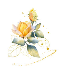 Hand drawn watercolor arrangement with picturesque yellow rose flowers, gold and green leaves, gold splashes isolated on a white background. Floral illustration for wedding invitations, greeting cards