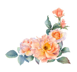 Obraz na płótnie Canvas Hand drawn watercolor arrangement with picturesque tea rose flowers, rosebuds and leaves isolated on a white background. Floral botanical illustration for wedding invitations, greeting cards, patterns