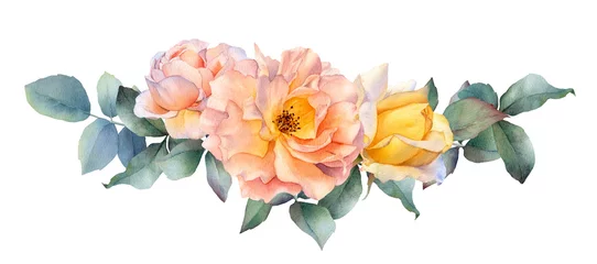 Badezimmer Foto Rückwand Blumen Handgezeichnete Aquarellanordnung mit malerischen Teerosenblüten, Rosenknospen und Blättern isoliert auf weißem Hintergrund. Botanische Blumenillustration für Hochzeitseinladungen, Grußkarten, Muster