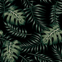 Velours gordijnen Tropische bladeren Tropische vector palm bladeren naadloze patroon zwarte achtergrond. Exotisch junglebehang.