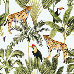 Bananier tropical vintage, palmier, animal léopard, toucan, perroquet floral seamless fond blanc. Fond d& 39 écran de la jungle exotique.