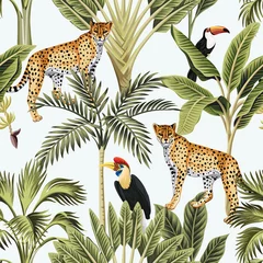 Fototapete Afrikas Tiere Tropischer Vintage-Bananenbaum, Palme, Leopardentier, Tukan, Papageienblumenmuster mit weißem Hintergrund. Exotische Dschungeltapete.