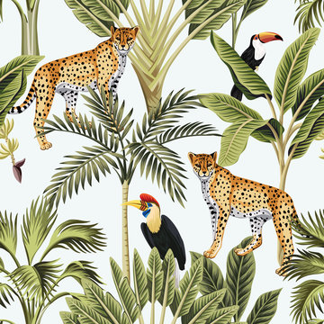 Tropical vintage banana tree, palm tree, leopard animal, toucan, parrot floral seamless pattern white background. Exotic jungle wallpaper.