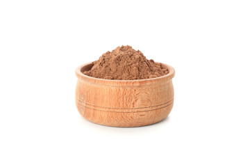 Wooden bowl with cocoa powder isolated on white background