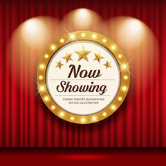 Cinema Theater vector and circle sign gold light up curtains red design background, illustration