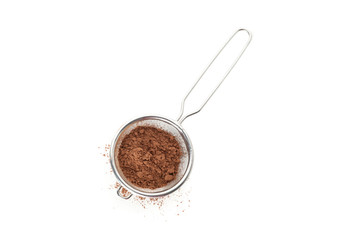 Strainer with cocoa powder isolated on white background