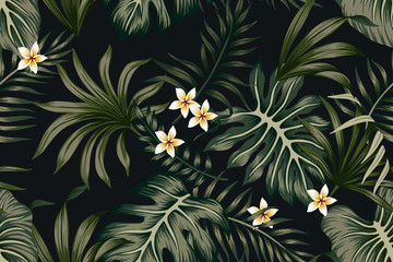 Tropical vintage green leaves plumeria flowers seamless pattern black background. Exotic jungle wallpaper.