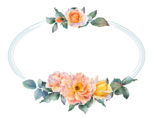 Picturesque oval frame with yellow and tea roses, rosebuds and leaves hand drawn in watercolor isolated on a white background. Floral botanical illustration for wedding invitations, greeting cards