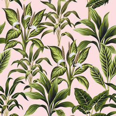 Tropical vintage botanical plants floral seamless pattern pink background. Exotic jungle wallpaper.