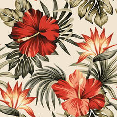 Tropical vintage red hibiscus and strelitzia floral green palm leaves seamless pattern beige background. Exotic jungle wallpaper.