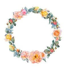 Hand drawn watercolor wreath with picturesque pink, yellow and tea rose flowers, rosebuds and leaves isolated on a white background. Ideal for creating  invitations, greeting cards.