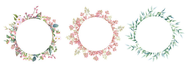 Hand drawn watercolor set of wreaths with picturesque herbs, leaves, branches and bloomy bindweed isolated on a white background. Ideal for creating  invitations, greeting cards. Floral illustration.