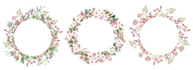 Hand drawn watercolor set of wreaths with picturesque herbs, leaves, branches and bloomy bindweed isolated on a white background. Ideal for creating  invitations, greeting cards. Floral illustration.