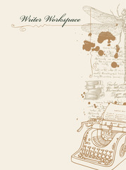 Vector banner on a writers theme with sketches and place for text. Writer workspace. Artistic illustration with pencil drawing of typewriter, dragonfly and handwritten notes with spots in retro style