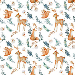 Christmas seamless pattern with forest animals, cotton, eucalyptus and berries.