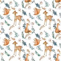 Acrylic prints Little deer Christmas seamless pattern with forest animals, cotton, eucalyptus and berries.
