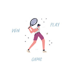 Fototapeta premium Man playing tennis hand drawn vector illustration. Sportsman with handwritten lettering. Male athlete holding racket cartoon character. Backhand shot. Young hand drawn guy isolated on white