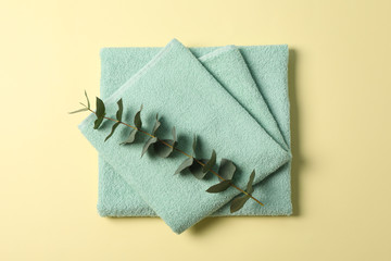 Towel and eucalyptus branch on beige background, top view