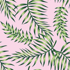 Tapeten Tropische Blumenpalmenblätter nahtlose Muster rosa Hintergrund. Exotische Dschungeltapete. © good_mood
